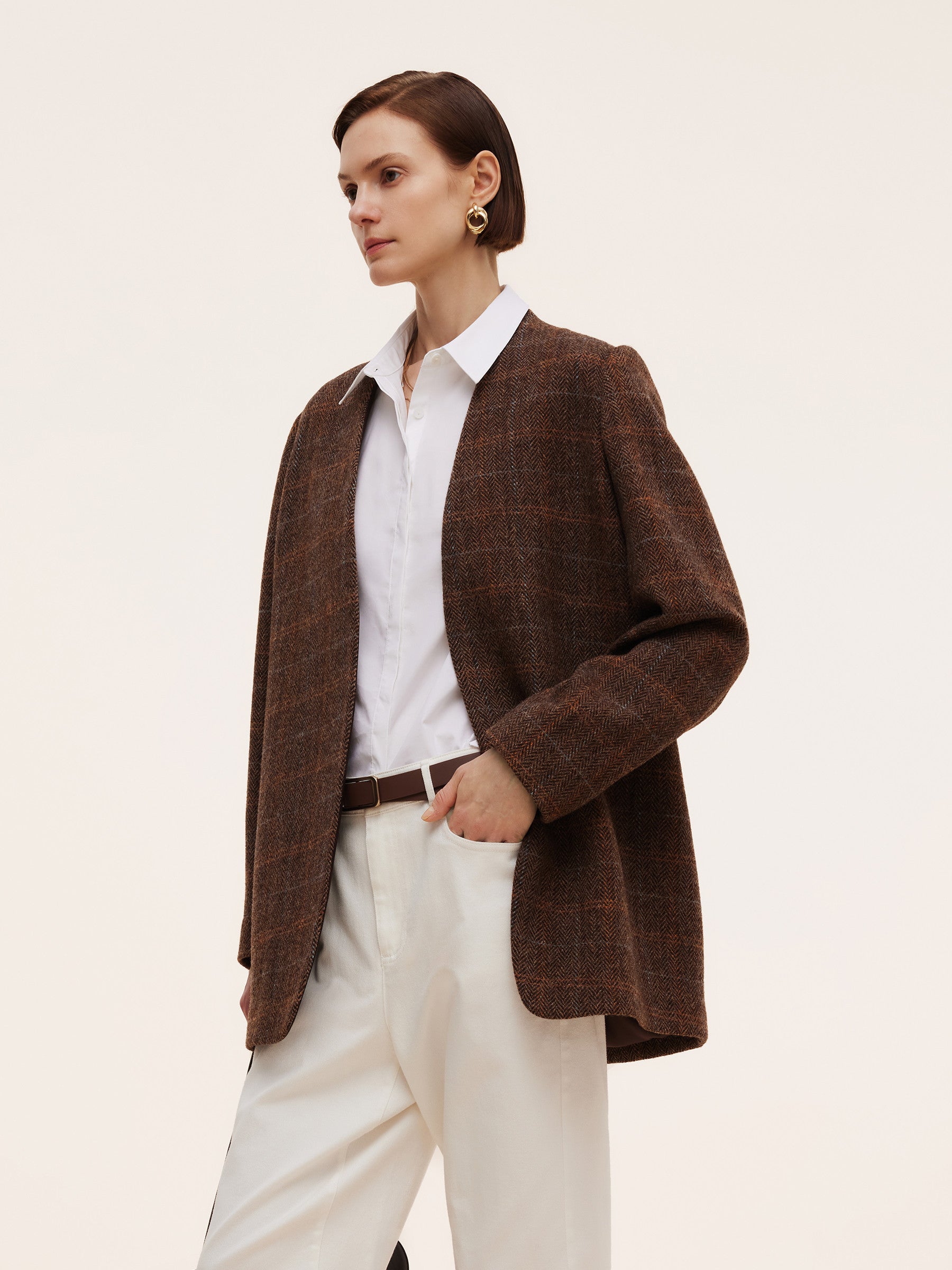 100% Wool Plaid Collarless Women Blazer