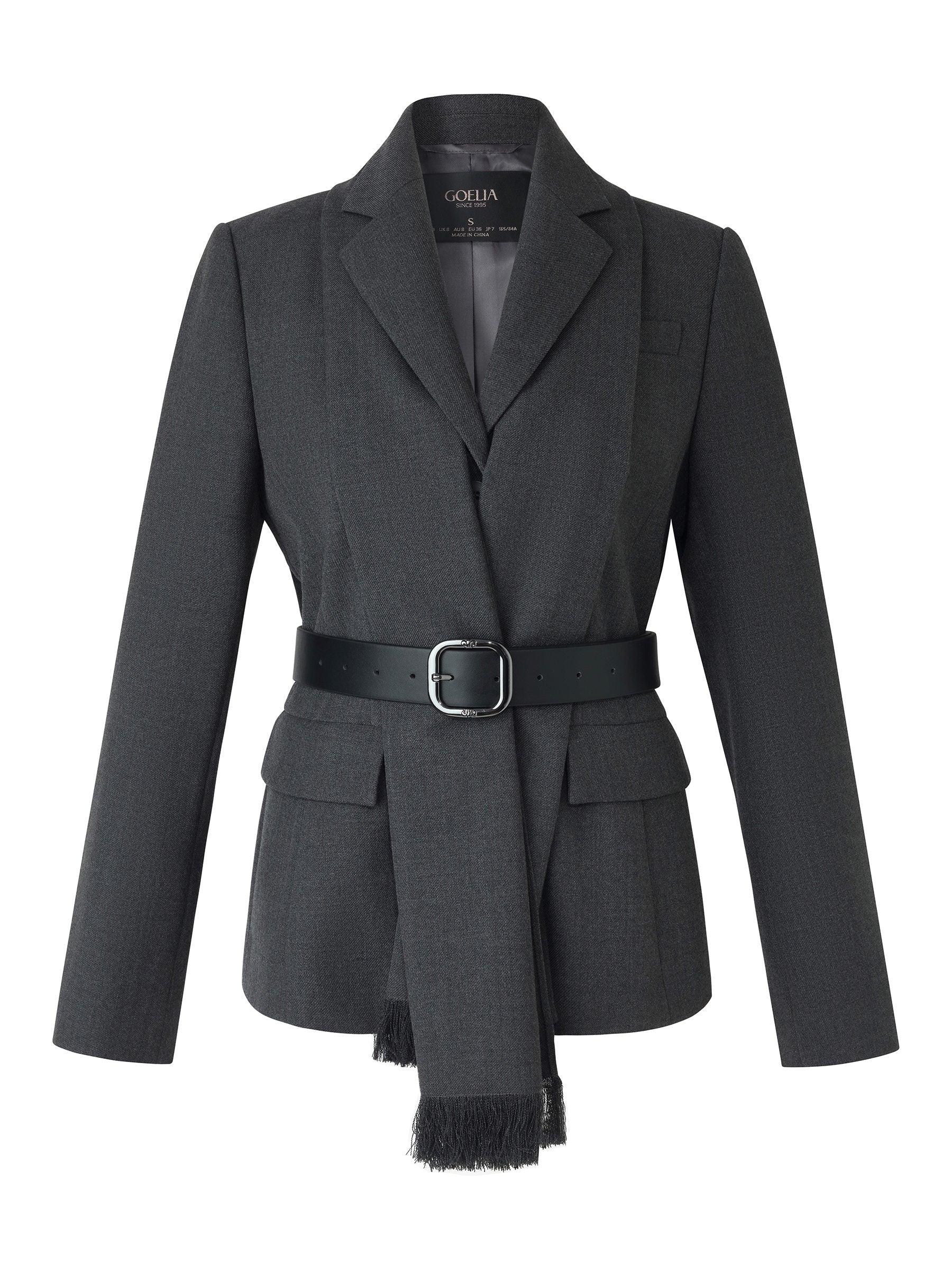 Worsted Wool Blend Women Blazer With Fringe Scarf And Belt