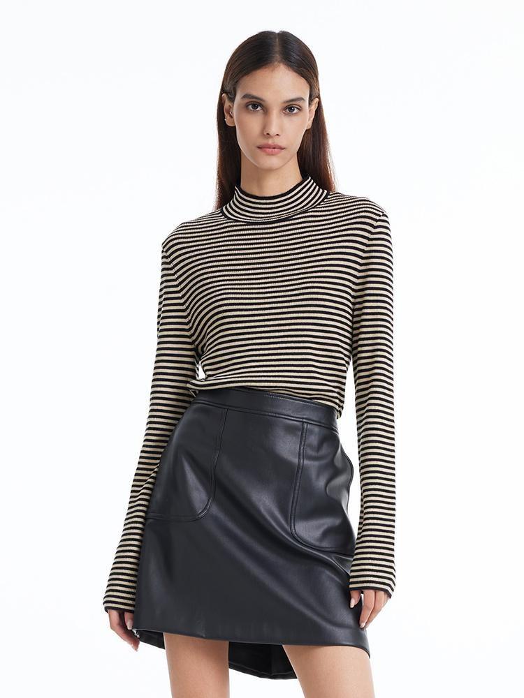 Woolen Stripe Mock Neck Women Sweater