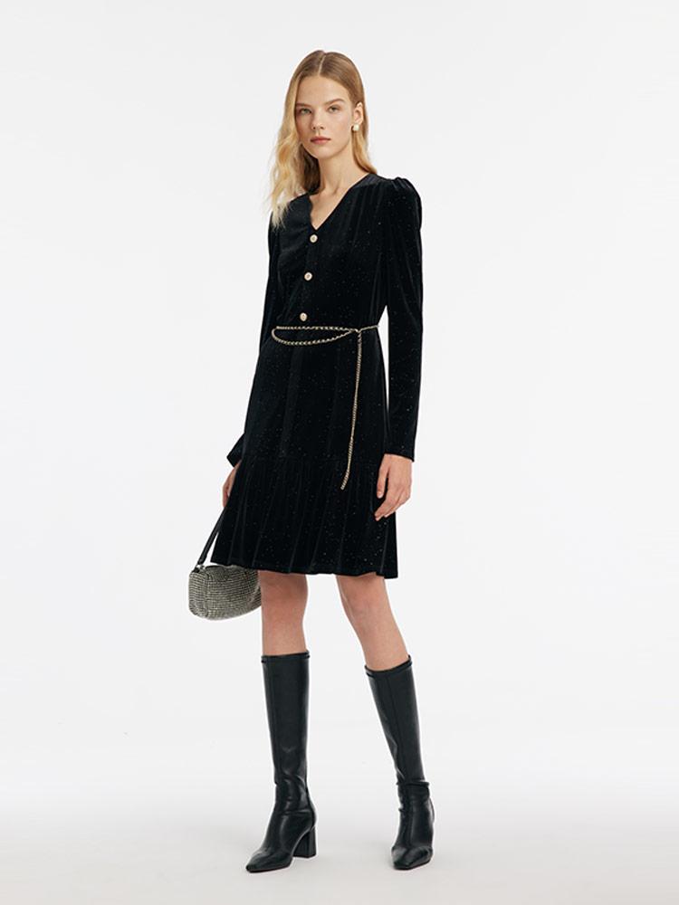 Velvet V-Neck Women Dress With Chain Belt