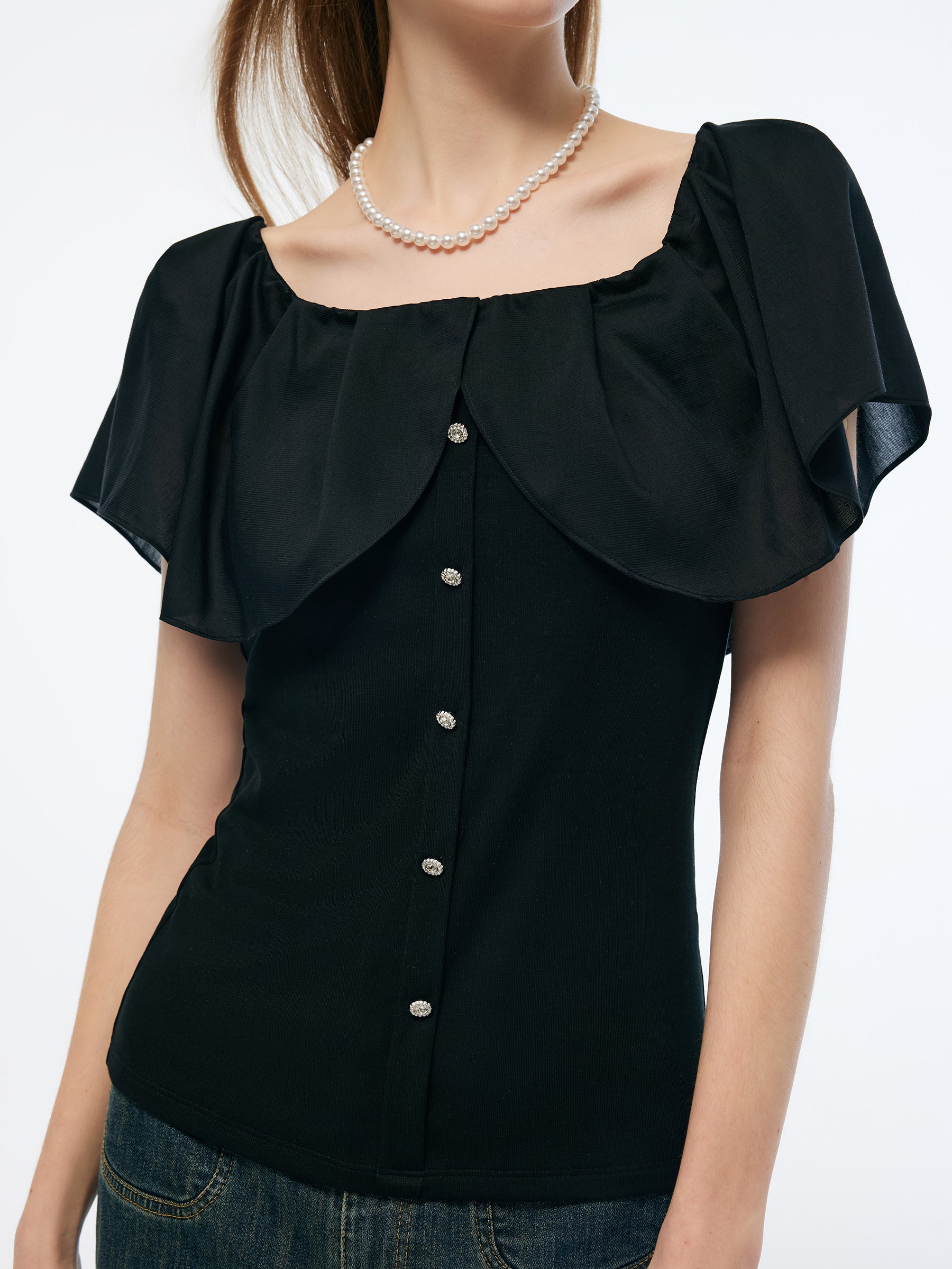 Tencel Blend Convertible Neckline Women Ruffled Top