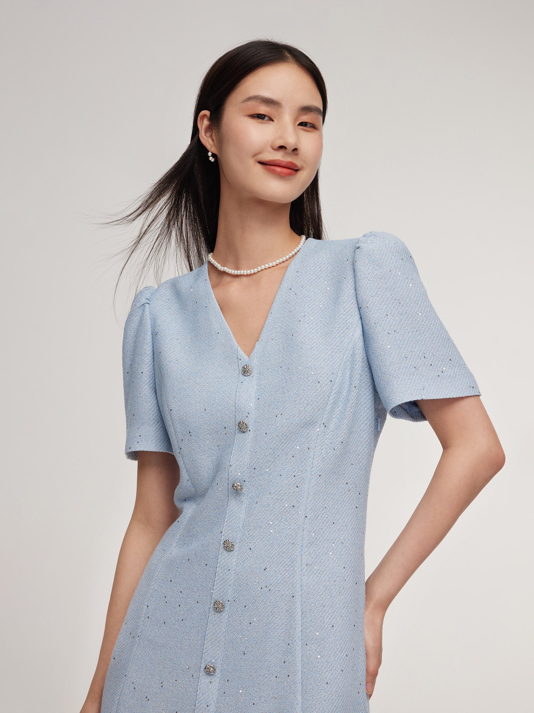 Acetate Blend Tweed Sequins Women Mini Dress