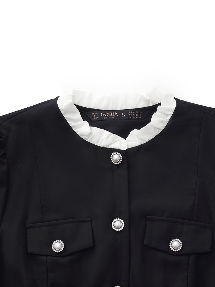 Ruffle Trim Pearl Buttons Women Mini Dress