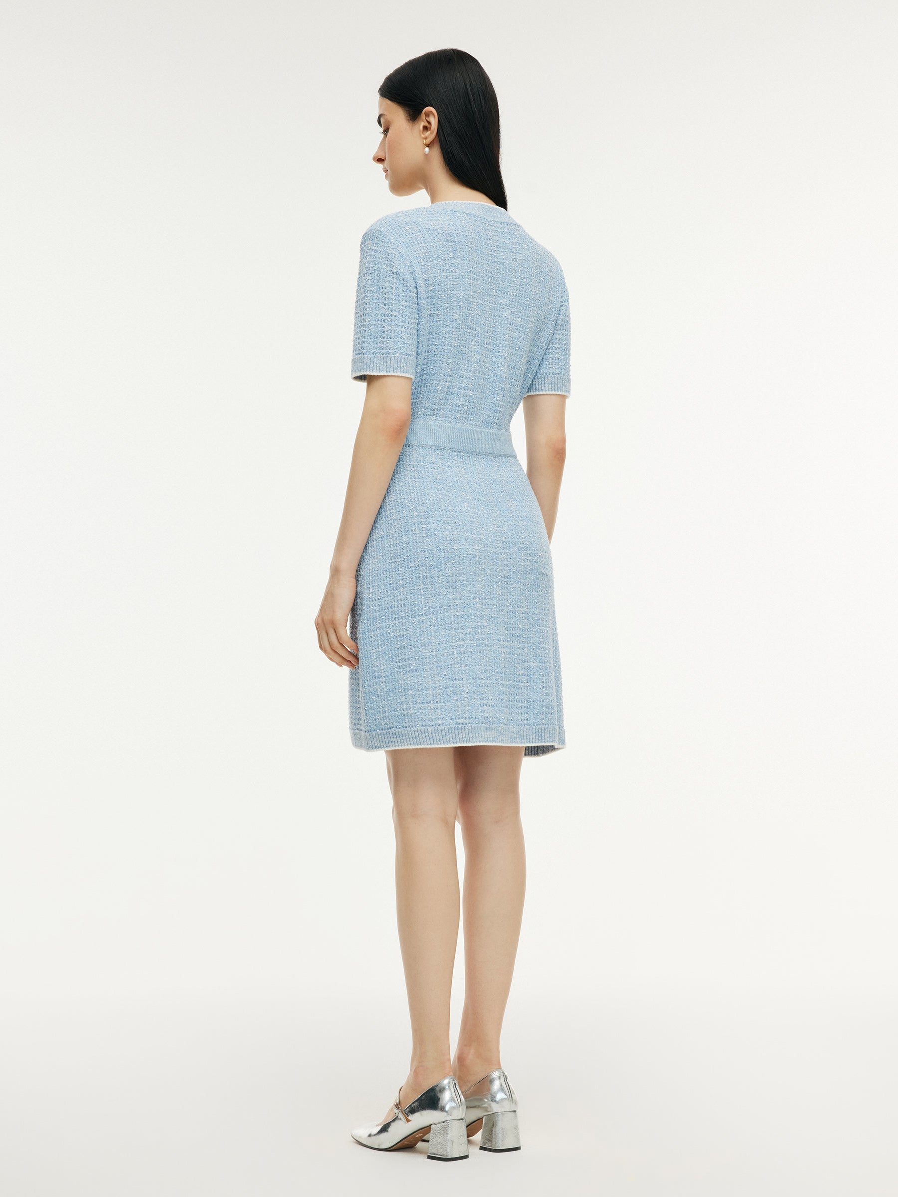 V-Neck Gathered Waist Women Knit Mini Dress