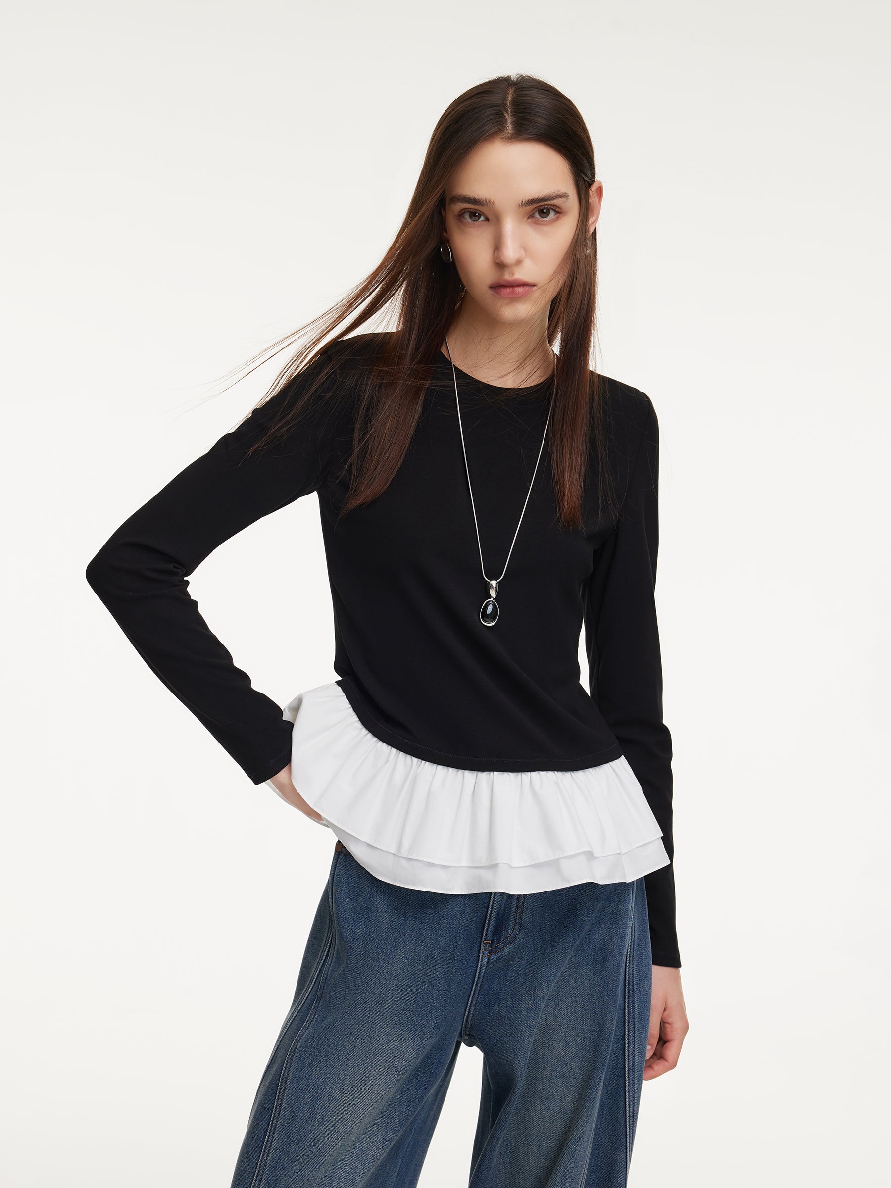 Ruffle Hem Long Sleeve Women Knit T-Shirt