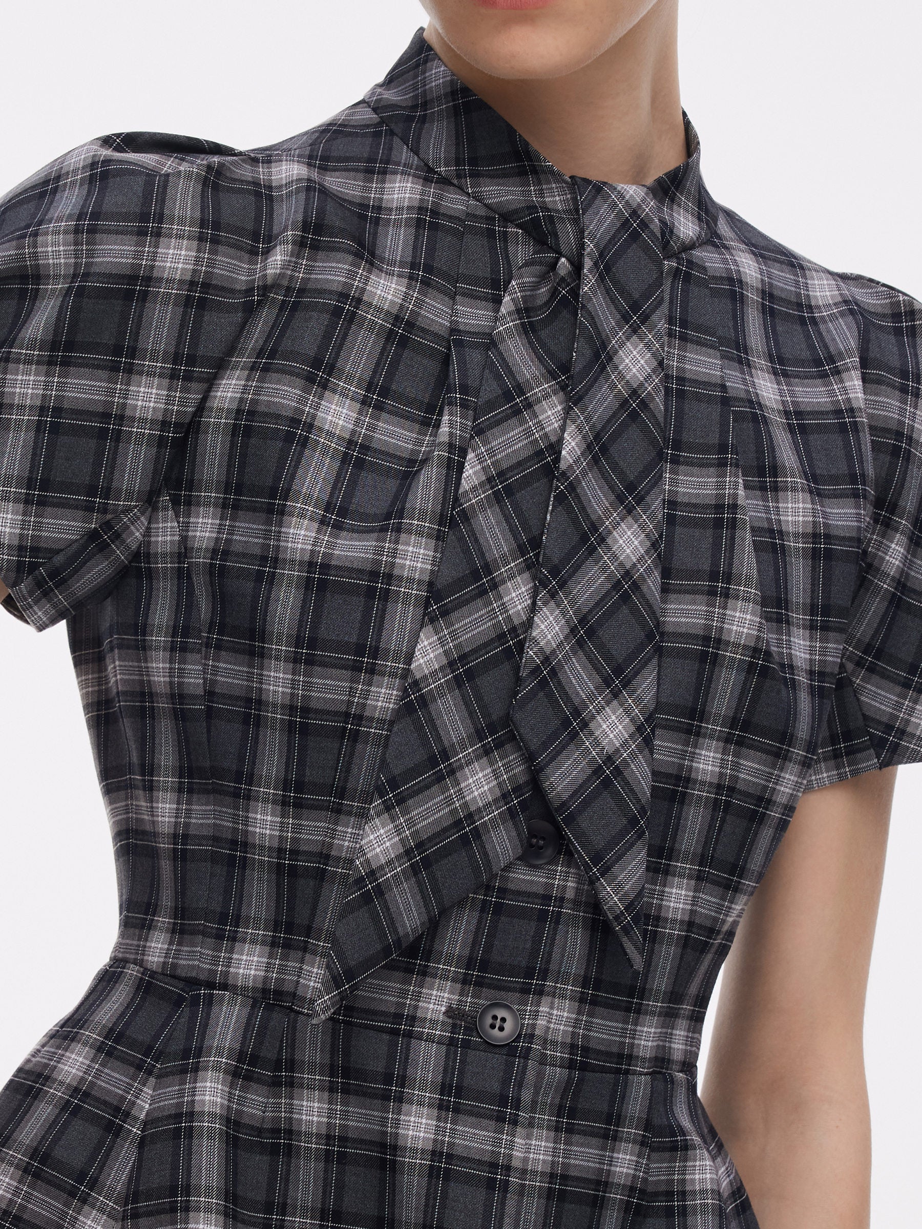 Plaid Ribbon Tie Women Flare Hem Top