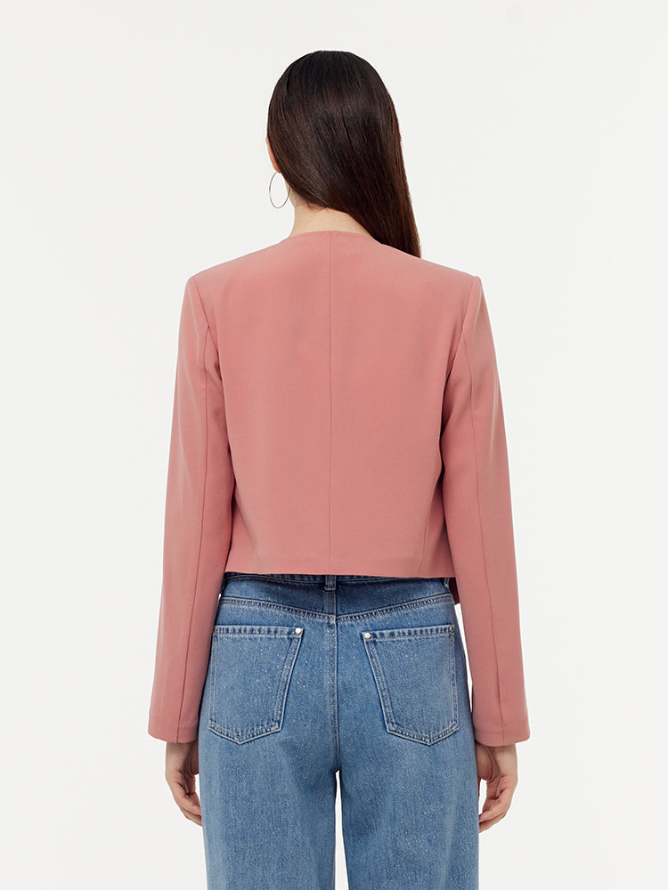 Acetate Collarless Women Crop Blazer