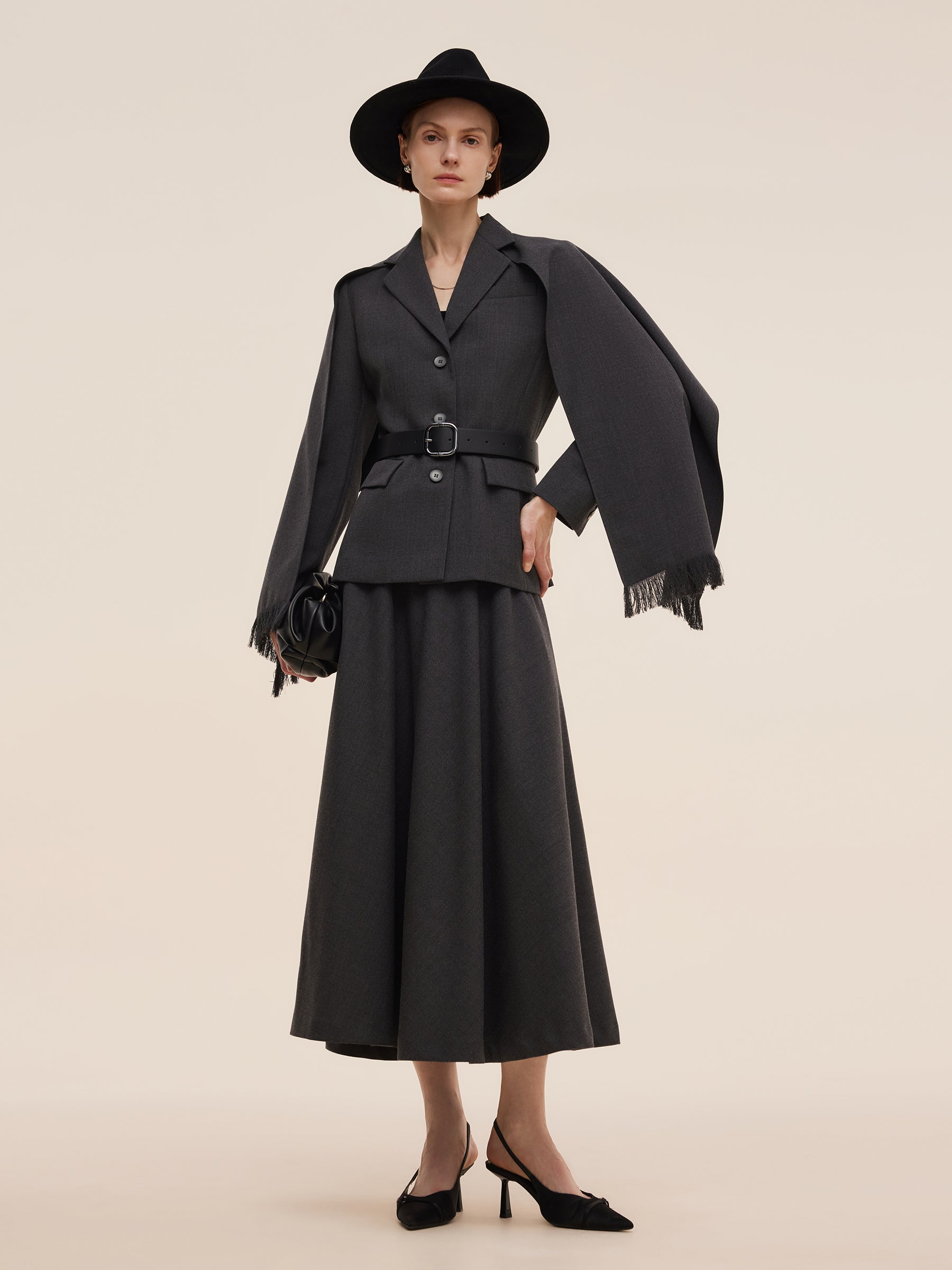 Worsted Wool Blend Women Blazer With Fringe Scarf And Belt