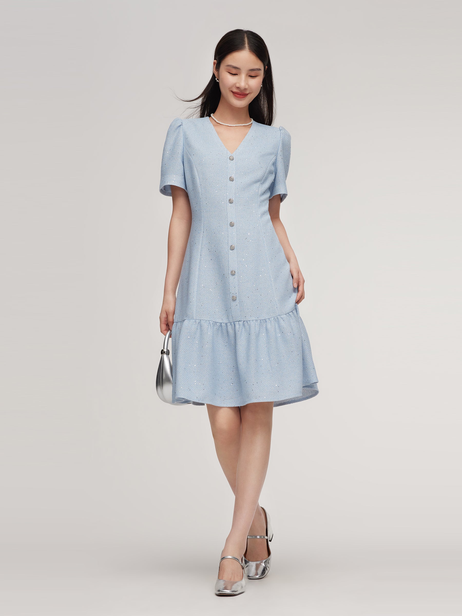 Acetate Blend Tweed Sequins Women Mini Dress