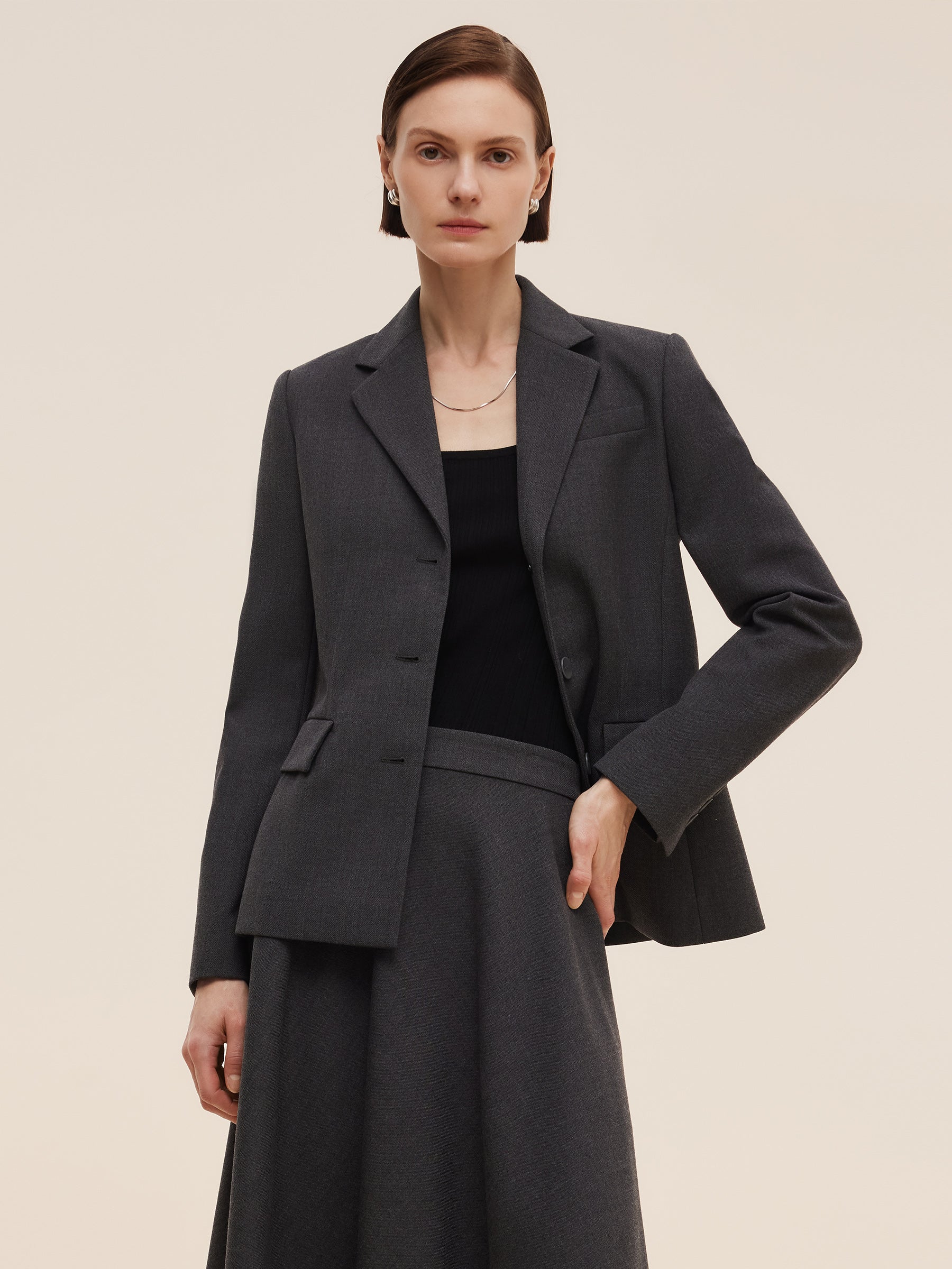 Worsted Wool Blend Women Blazer With Fringe Scarf And Belt