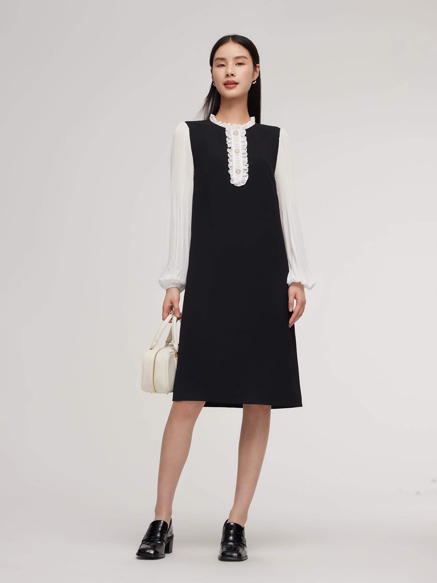 Patchwork Ruffle Collar Pleated Sleeve Women Mini Dress