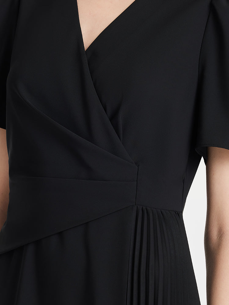 V-Neck Patchwork Pleated Women Mini Dress