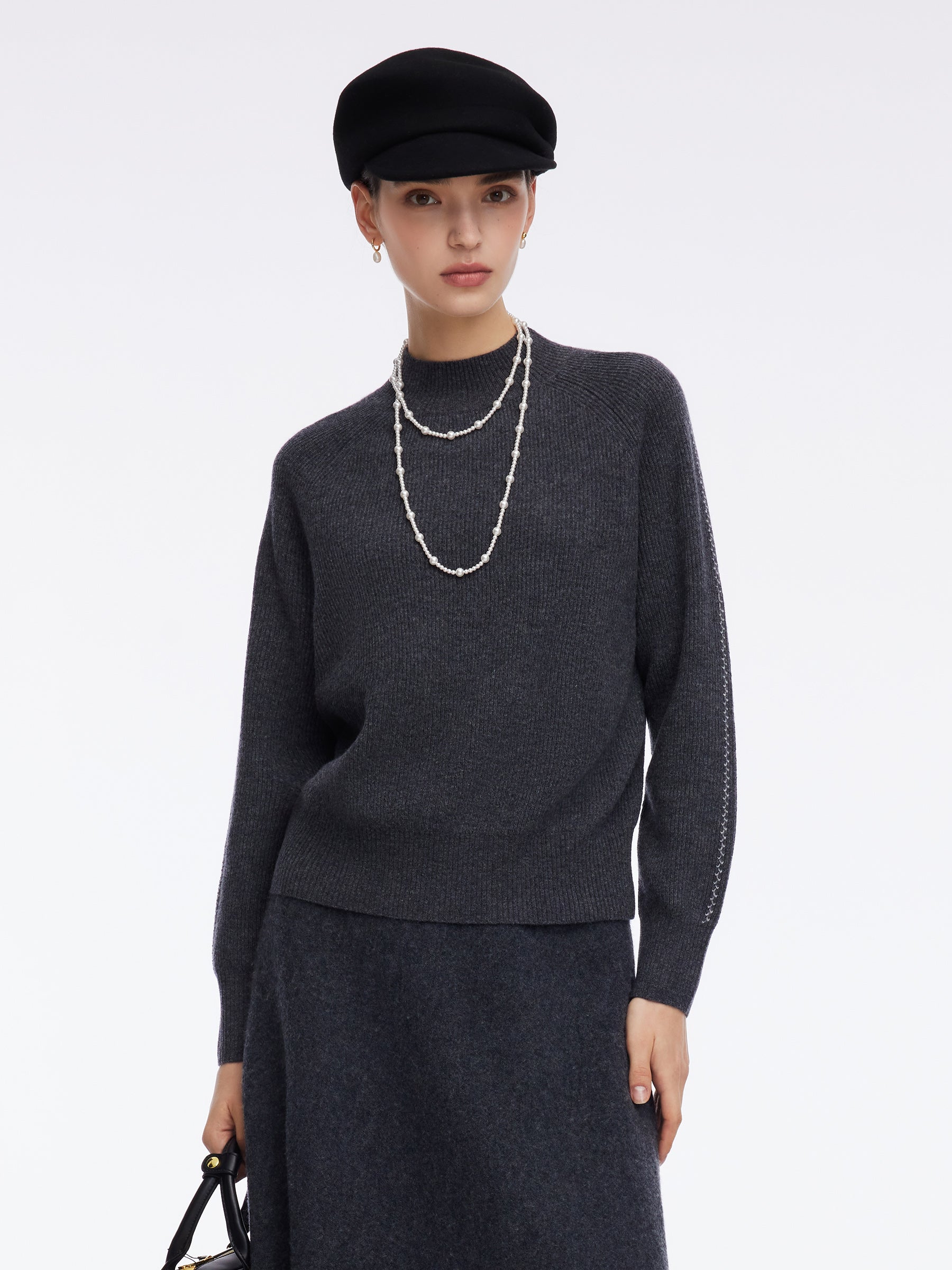 100% Wool Stitch Trim Women Knit Top