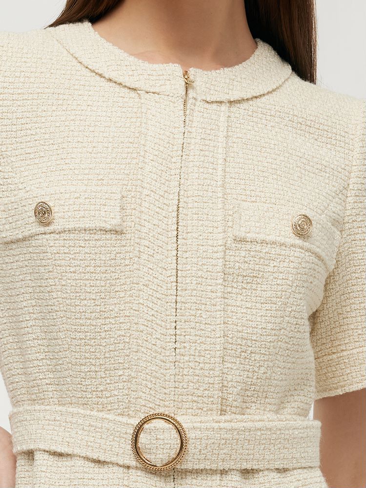 Wool Blend Tweed Women Mini Dress With Belt