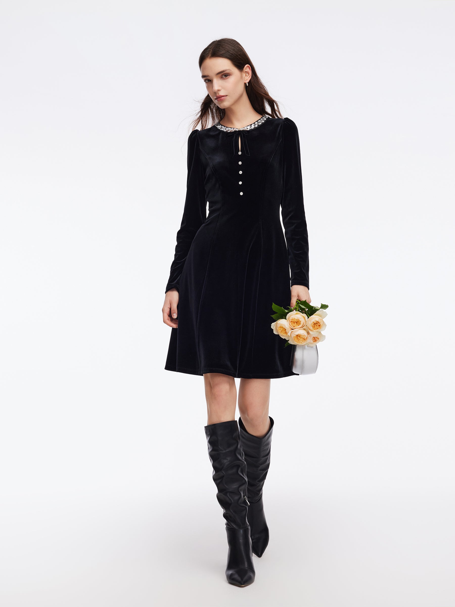 Velvet Sequined Round Neck Women Mini Dress