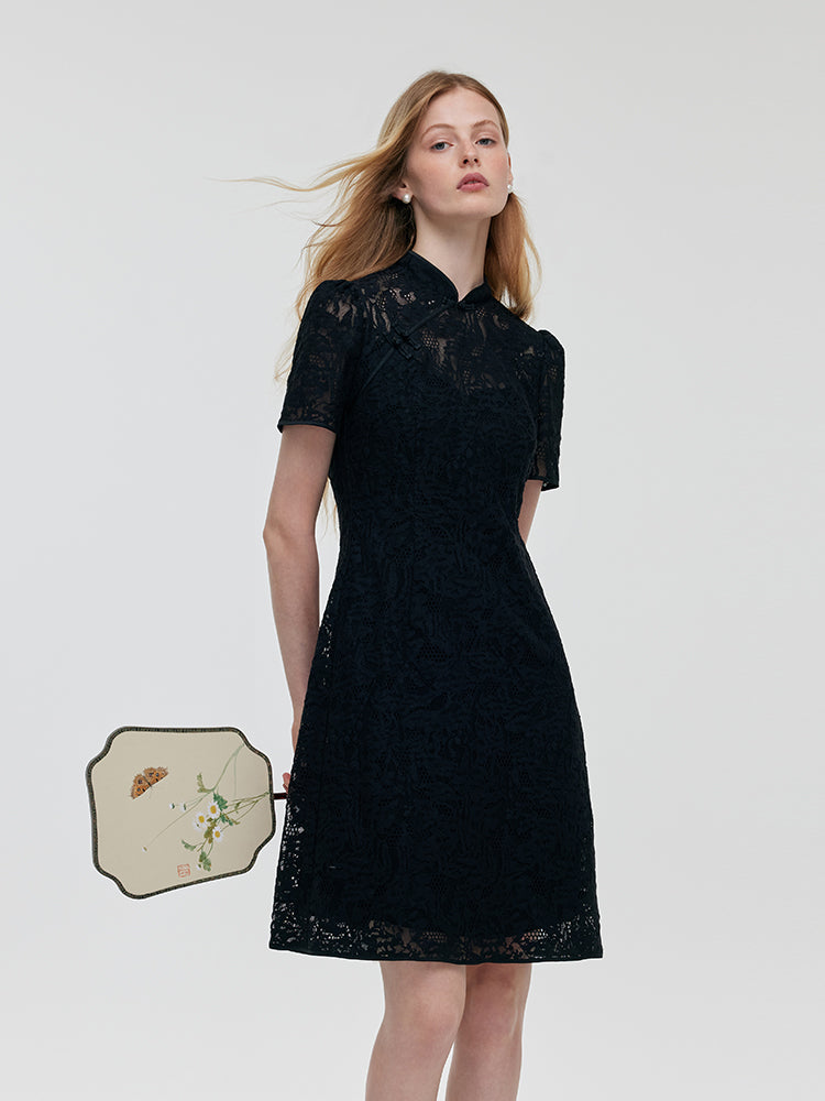 Lace Openwork Women Qipao Mini Dress